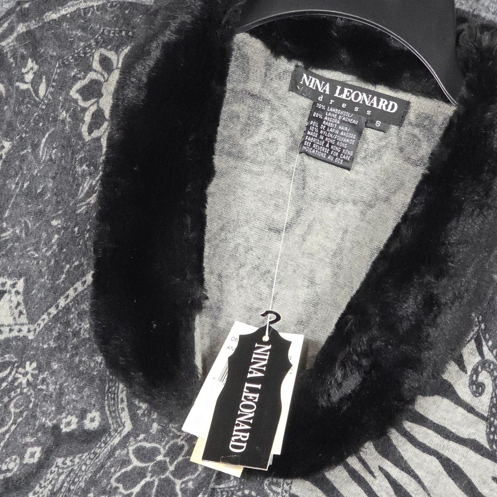 Nina Leonard Women Small Cardigan Grey Animal Paisley Lambswool Angora